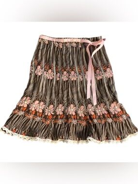JALOUX/ zalu lined flare skirt. Size M. Brown and pink. Zipper, lace trim